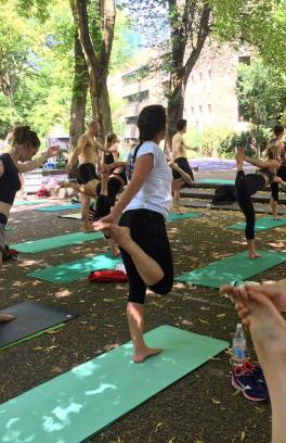 A group of people outside standing on green yoga mats.