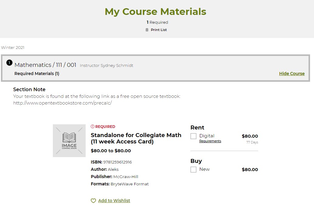 Image of my course materials results