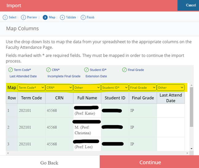 Screen shot of mapping column headers