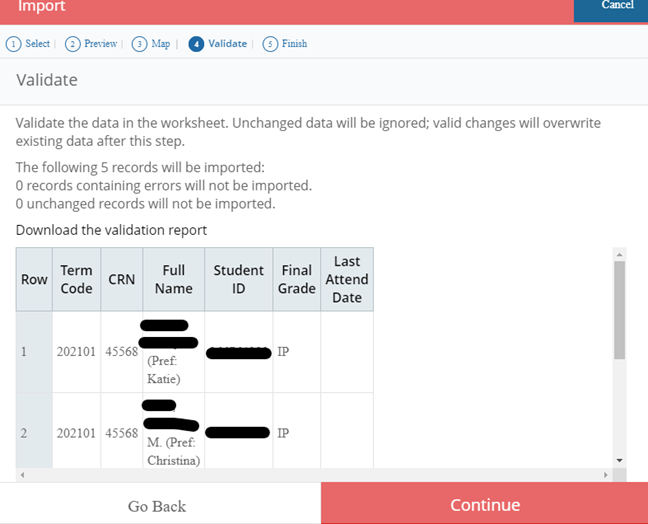 Screen shot of validating data in file import