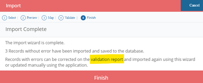 Screen shot of finishing the file import