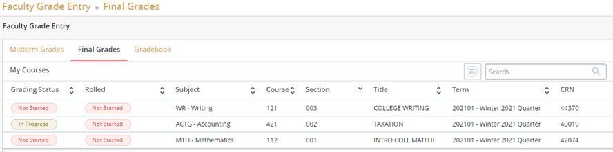 Screen shot of final grades menu by course