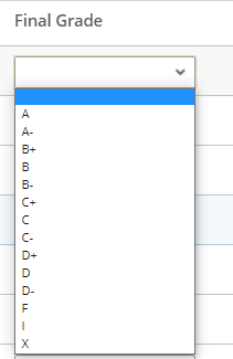 Screen shot of grades drop down menu for A-F grade option