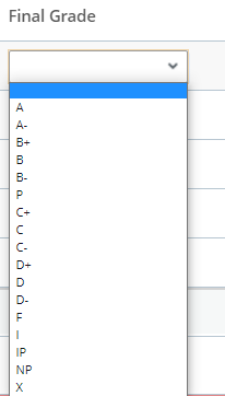 Screen shot of grades drop down menu for in progress grading option