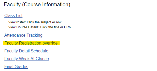 Screenshot of Faculty Course Information Menu
