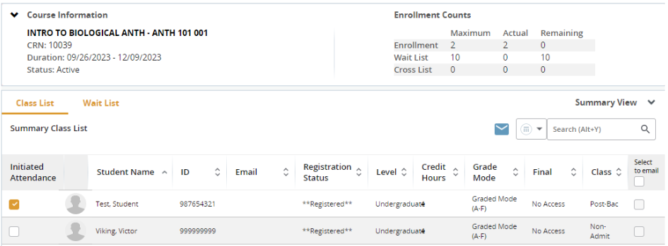 Class List with Initiation of Attendance screenshot