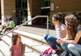 Students outside library gathering