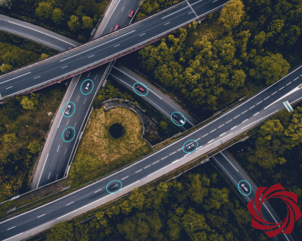 A drone detects vehicles from above crisscrossing freeways