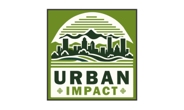Text: Urban Impact. Image: stylized monochromatic image of Portland skyline with Mt Hood in the background. Colors are white and PSU green.