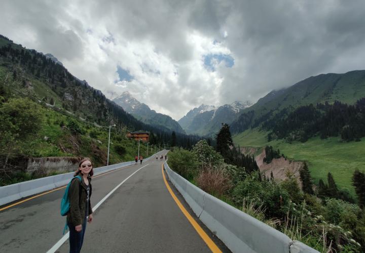 student on mountain road in Kazakhstan