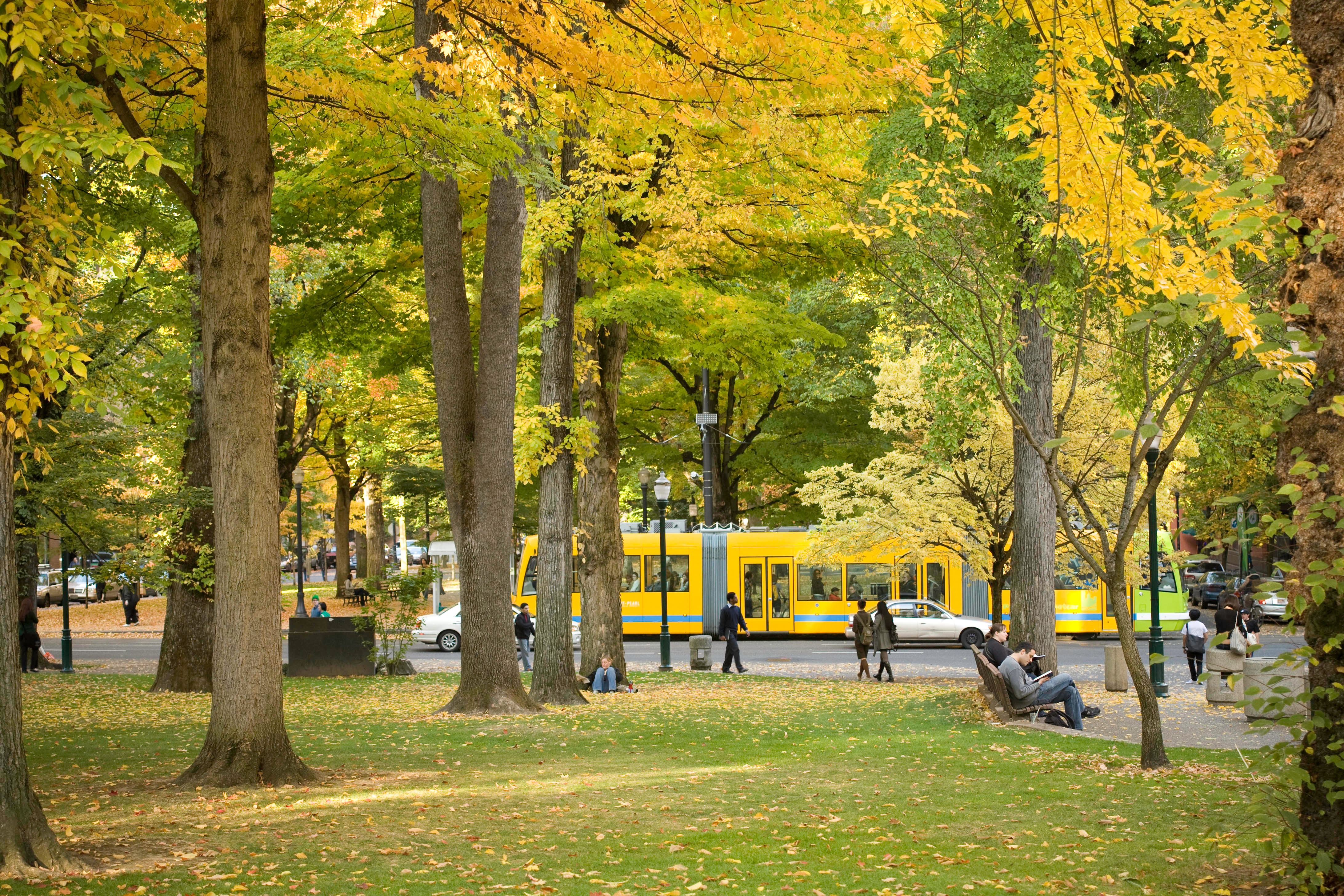 Students walking through the Park Blocks