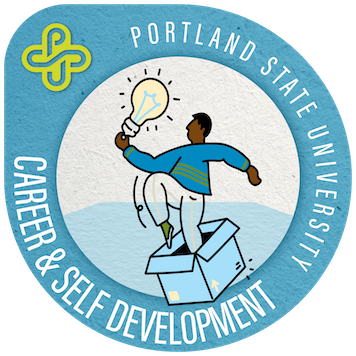 Portland State University Career & Self Development microcredential badge featuring a person stepping out of a box holding a lightbulb