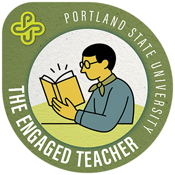 Badge reading “Portland State University – The Engaged Teacher.” Illustration of a person wearing glasses and a scarf, actively reading an open book.