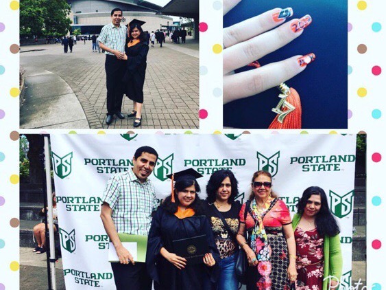 There is a collage of images, one of a college graduate, one of painted nails, and one of a group.