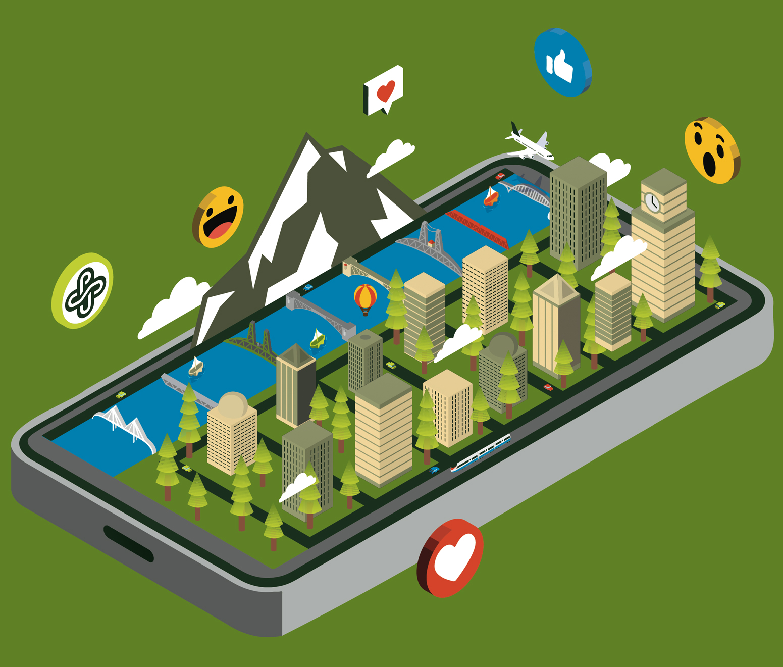 Illustration of Portland with social media icons