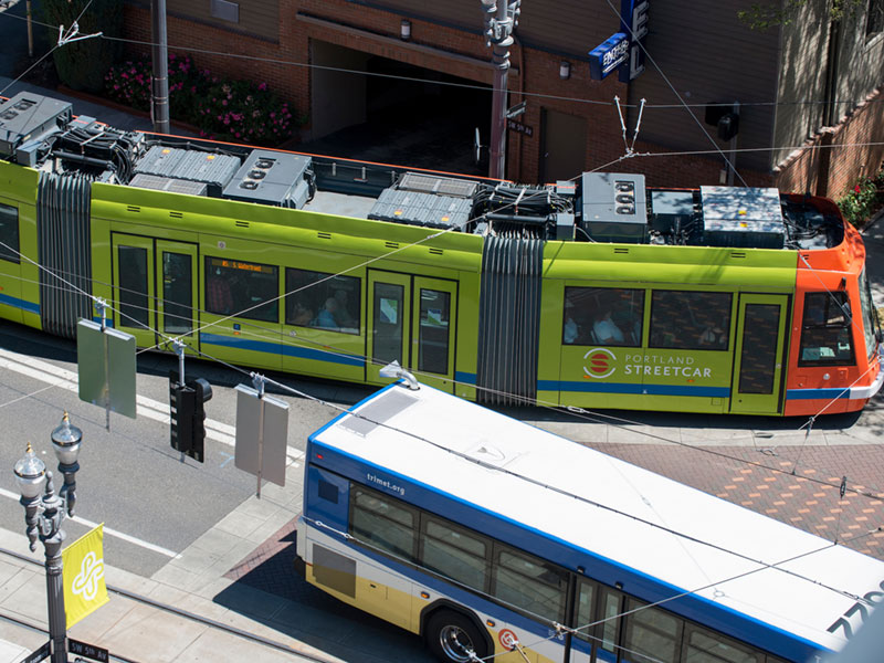 TriMet Max train going through campus