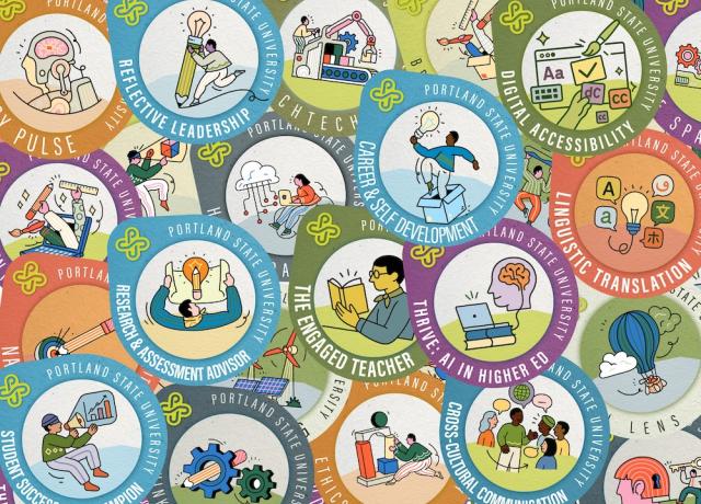 A colorful collage of Portland State University digital badges representing various skills and competencies