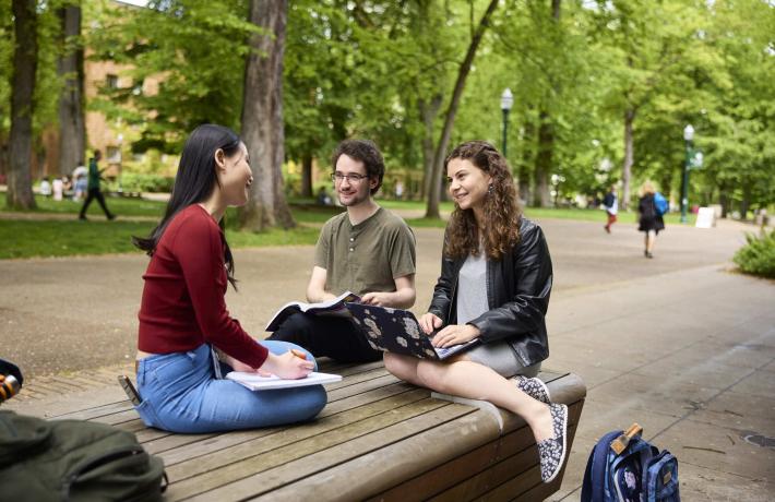 PSU students studying together outdoors in the Park Blocks