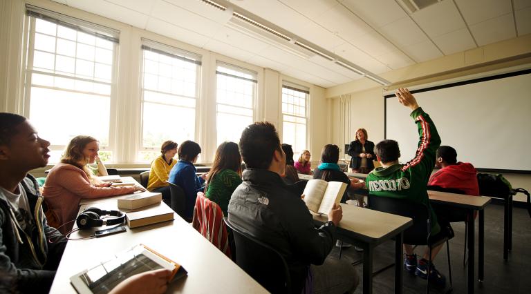 Student raising their hand in class