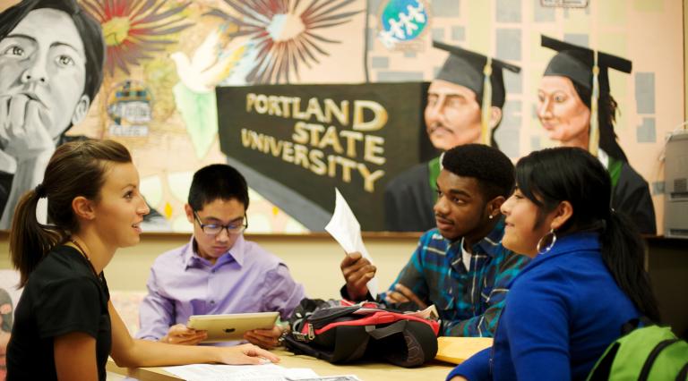 group of PSU Philosophy students studying