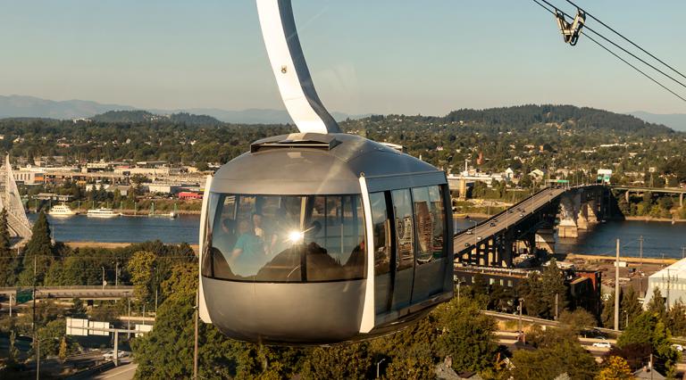 aerial view of the OHSU tram over the Portland skyline