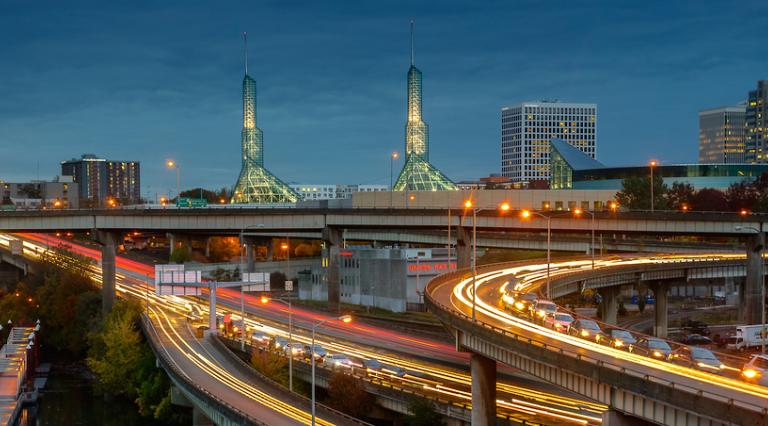 Portland freeway with buildings