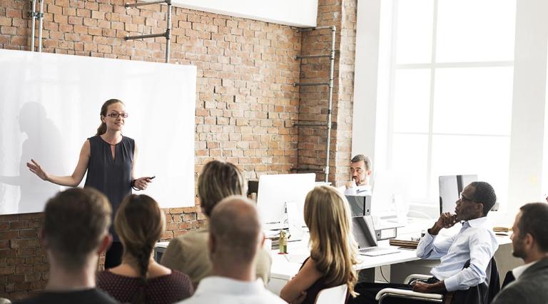 Female instructor lecturing to a group of assorted employees.