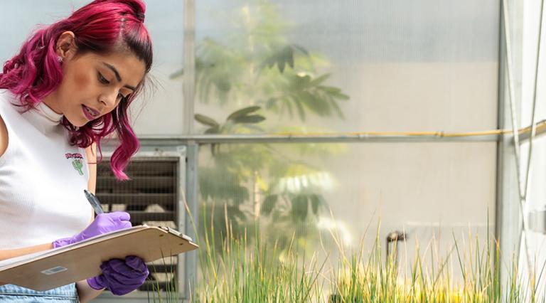 Student in a biology lab inside a greenhouse