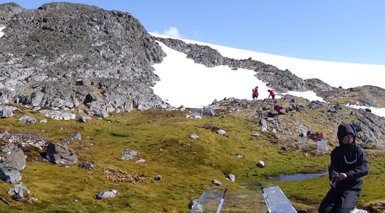 People getting soil samples on a mountain
