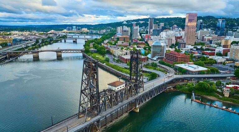 aerial photo of downtown portland facing south