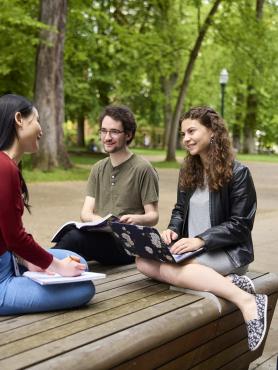 PSU students studying together outdoors in the Park Blocks