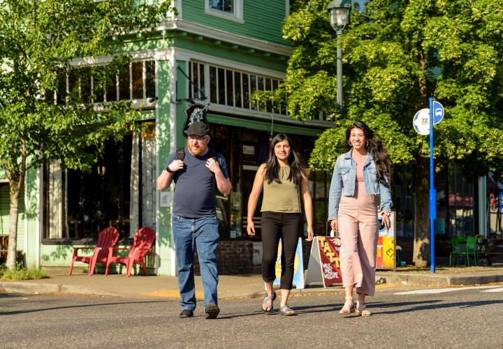 Student's walking safely together through Downtown