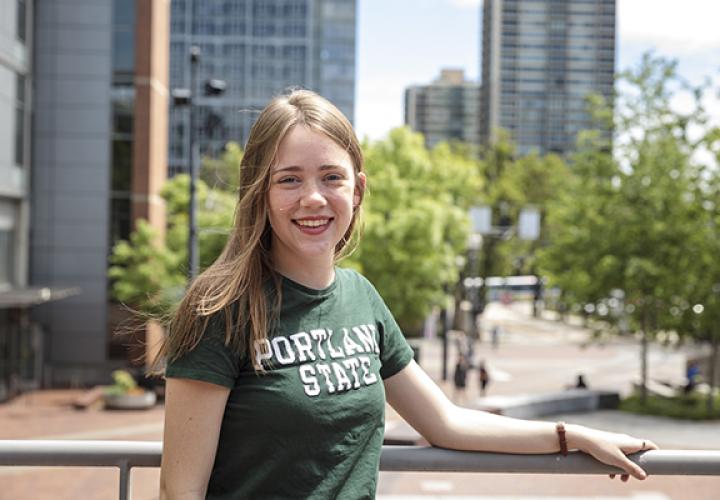 Portland State University student wearing a PSU tshirt