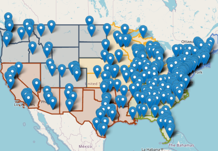 Map of the United States with location markers
