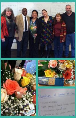 There are three different images in a collage, one with a group of people, one with flowers, and another with a note.