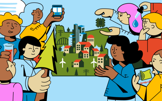 Illustration of students around a drawing of Oregon holding icons highlighting different research areas.