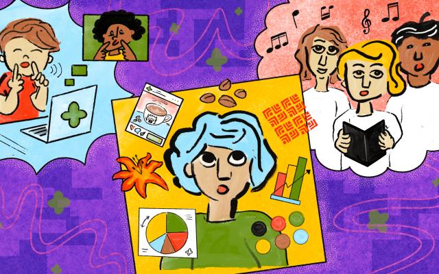 Illustration of diverse community service scenes including ASL interpretation, choir singing, and a person surrounded by data charts, food, and cultural symbols