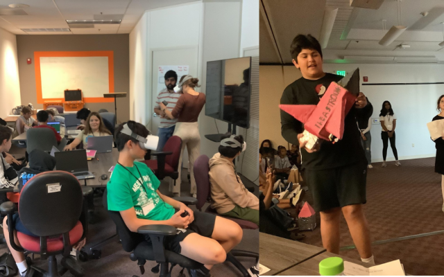 Middle school students wearing VR headsets and building homemade rockets