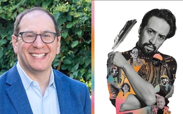 Daniel Pollack-Pelzner and an illustrated portrait of Lin-Manuel Miranda