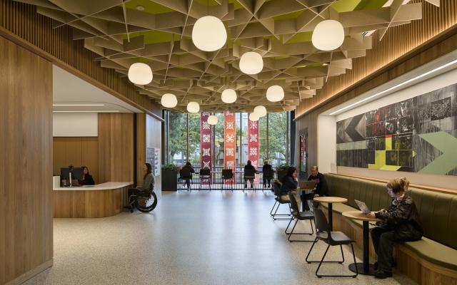 Students study and connect in the light-filled lobby of Portland State University’s Vernier Science Center