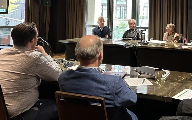 Portland Mayor Keith Wilson, former Congressman Earl Blumenauer, and PSU President Ann Cudd speak during a panel discussion at the PSU Board of Trustees retreat