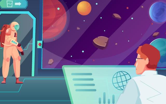 Illustration of an astronaut in a spacecraft airlock while a researcher monitors data on a screen with planets in the background