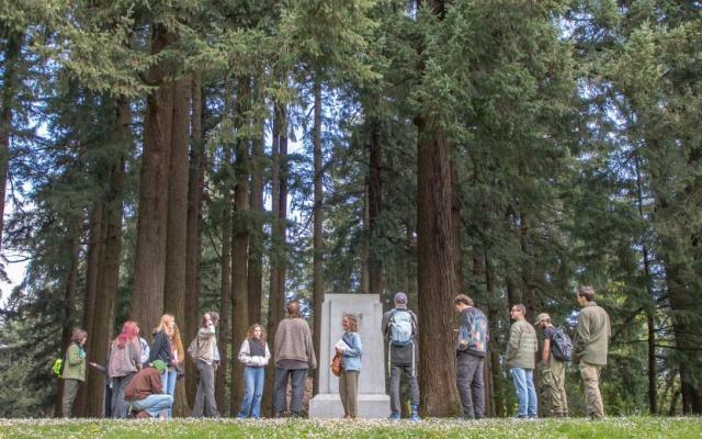 History professor Catherine McNeur and students standing among tall evergreen trees at Mt. Tabor summit