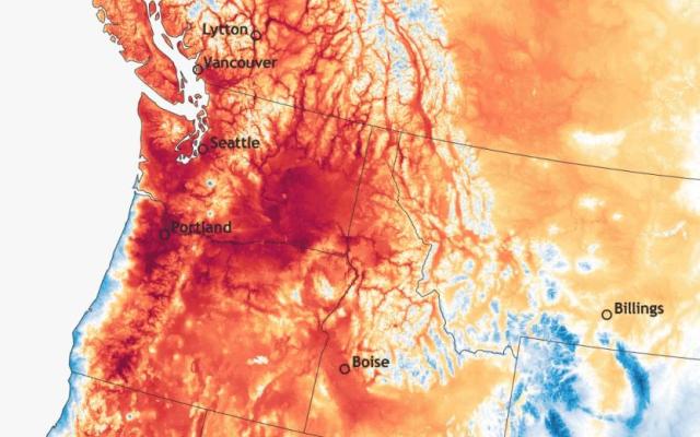 Weather map showing extreme heat over the Pacific Northwest during the 2021 heat dome