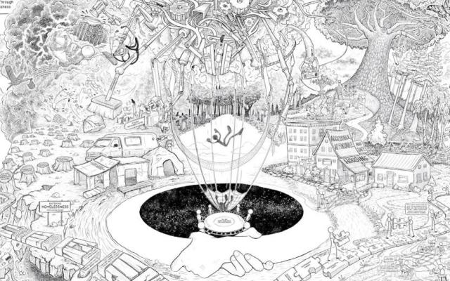 Black and white detailed illustration depicting complex pathways and systemic challenges through homelessness