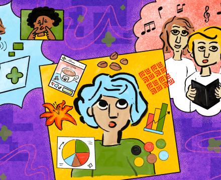 Illustration of diverse community service scenes including ASL interpretation, choir singing, and a person surrounded by data charts, food, and cultural symbols