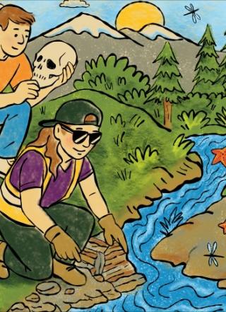 Illustration of students conducting field research by a forest stream, collecting samples and analyzing data in a natural setting
