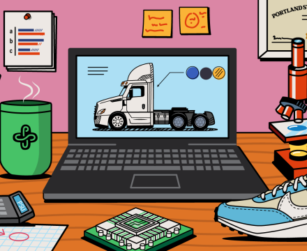Illustration of a PSU graduate’s desk featuring a laptop with a truck design, a microscope, a PSU diploma, and engineering tools