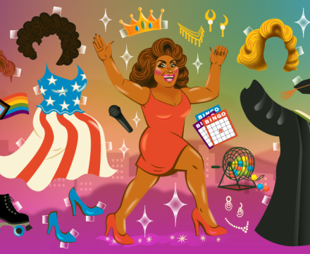 Illustration of Poison Waters as a paper doll surrounded by outfits and accessories representing her roles as a performer, activist, and community icon — including roller skates, drag wigs, a gavel and robe, makeup, and a bingo card