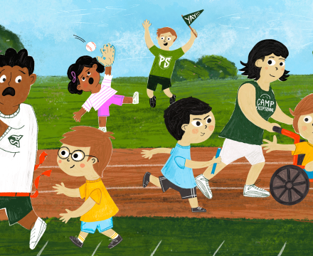 Illustration of three PSU student-athletes working with kids at a summer camp, featuring a camper and counselor playing flag football, a camper catching a baseball while her camp counselor cheers her on and a counselor pushing a girl in a wheelchair while another camper passes the girl a relay baton.